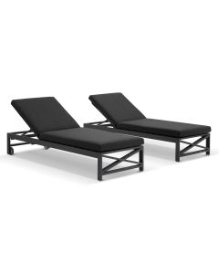 "Montego Bay" Hamptons Style Aluminium Set of 2 Sun Lounges in Charcoal with Dark Grey Cushions & Wheels (RRP $3499)