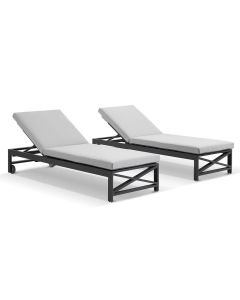 "Montego Bay" Hamptons Style Aluminium Set of 2 Sun Lounges Charcoal Light Grey Cushions with wheels (RRP $3499)
