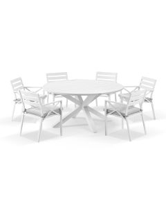 "Hawaii" Hamptons Resort Style Aluminium 150cm Round Dining Table with 6 Montego Bay Chairs with Grey Seat Cushions (RRP $3999)