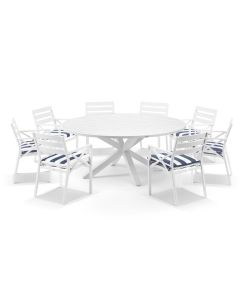 "Hawaii" Hamptons Resort Style Aluminium 180cm Round Dining Table with 8 Montego Bay Chairs with Navy & White Seat Cushions (RRP $4999)