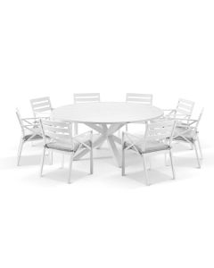 "Hawaii" Hamptons Resort Style Aluminium 180cm Round Dining Table with 8 Montego Bay Chairs with Grey Seat Cushions (RRP $4999)