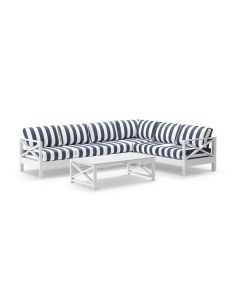 "Montego Bay" Hamptons Style Outdoor Aluminium Modular Corner Lounge Extra Seat, White with Navy & White Stripe Cushions 303cm x 231cm (RRP $5499)
