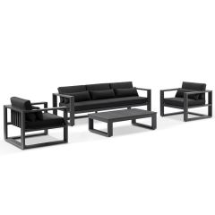 "Hawaii" Hamptons Style Outdoor Setting with 3 Seater Lounge & 2 x 1 Seater Lounges plus Coffee Table in Charcoal with Denim Grey Cushions