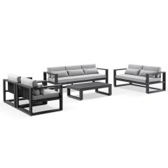 "Hawaii" Hamptons Style Outdoor Setting with 3 + 2 + 1 + 1 Seater Lounges in Charcoal with Olefin Grey Cushions plus Coffee Table