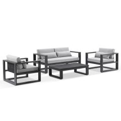"Hawaii" Hamptons Style Outdoor Setting with 2 Seater Lounge & 2 x 1 Seater Lounges plus Coffee Table in Charcoal with Olefin Grey Cushions