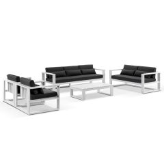 "Hawaii" Hamptons Style Outdoor Setting with 3 + 2 + 1 + 1 Seater Lounges in White with Denim Grey Cushions plus Coffee Table