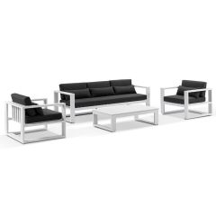 "Hawaii" Hamptons Style Outdoor Setting with 3 Seater Lounge & 2 x 1 Seater Lounges plus Coffee Table in White with Denim Grey Cushions