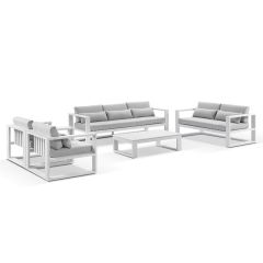"Hawaii" Hamptons Style Outdoor Setting with 3 + 2 + 1 + 1 Seater Lounges in White with Grey Cushions plus Coffee Table