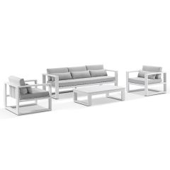 "Hawaii" Hamptons Style Outdoor Setting with 3 Seater Lounge & 2 x 1 Seater Lounges plus Coffee Table in White with Olefin Grey Cushions