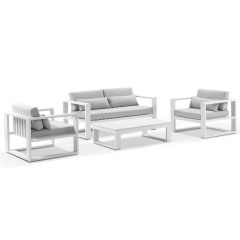 "Hawaii" Hamptons Style Outdoor Setting with 2 Seater Lounge & 2 x 1 Seater Lounges plus Coffee Table in White with Olefin Grey Cushions