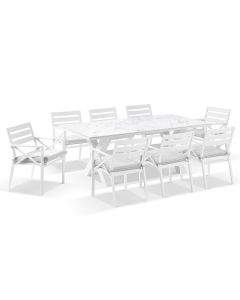 "Montego Bay" Hamptons Style Outdoor Ceramic & Aluminium 2m Dining Setting with 8 Chairs White Grey Cushions (RRP $4690)