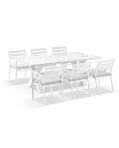 "Montego Bay" Hamptons Style Outdoor Ceramic & Aluminium 2m Dining Setting with 6 Chairs White with Grey Cushions (RRP $3999)