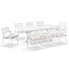 "Montego Bay" Hamptons Style Outdoor Ceramic & Aluminium 2m Dining Setting with 8 Chairs White with Sunbrella Cushions (RRP $5090)