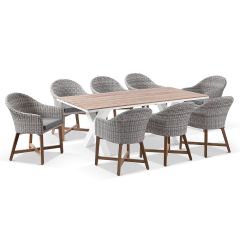 "Montego Bay" Hamptons Style Outdoor Aluminium 2m Dining Setting with 8 Teak & Wicker Chairs