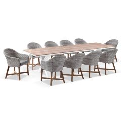 "Montego Bay" Hamptons Style Outdoor Aluminium 3m Dining Setting with 10 Teak & Wicker Chairs