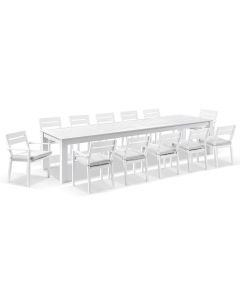 "Hawaii" Hamptons Resort Style Aluminium Dining Table 355cm x 102cm with 12 Hawaii Chairs, White (RRP $6499)