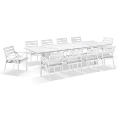 "Montego Bay" Hamptons Style Outdoor Ceramic & Aluminium 3m Dining Setting with 10 Chairs White with Olefin Grey Cushions