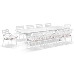 "Montego Bay" Hamptons Style Outdoor Ceramic & Aluminium 3m Dining Setting with 10 Chairs White with Sunbrella Cushions