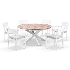 "Santorini" Hamptons Style 7 Piece Setting with Round Outdoor Aluminium 1.5m Dining Table White and 6 Grey Hawaii Chairs