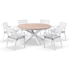 "Santorini" Hamptons Style 7 Piece Setting with Round Outdoor Aluminium 1.5m Dining Table White and 6 Grey Montego Bay Chairs