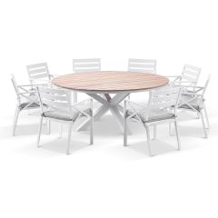 "Santorini" Hamptons Style 9 Piece Setting with Round Outdoor Aluminium 1.8m Dining Table White and 8 Grey Montego Bay Chairs