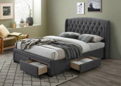 "Amelia" Hamptons Style Buttoned Back Upholstered Fabric Bed Frame 4 Storage Drawers King Size, Dark Grey (RRP $2299)