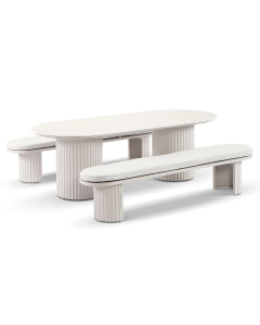 "Aria" Superior Comfort Premium Quality Aluminium & Ceramic 2.4m Outdoor Dining Table with Benches – Light Dune / Sandstone Cushion W240 x D100 x H77 CM (RRP $3999)
