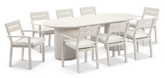 "Aria" Superior Comfort Premium Quality Aluminium & Ceramic 2.4m Outdoor Dining Table with 8 Santorini Chairs – Light Dune / Sandstone Cushion W240 x D100 x H77 CM (RRP $4999)