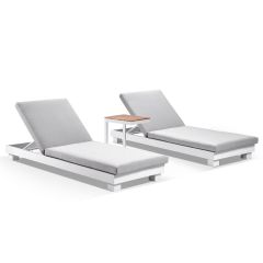 "Hawaii" Hamptons Style Aluminium Sun Lounge Set in White with Olefin Grey Cushions & Teak Look Side Table