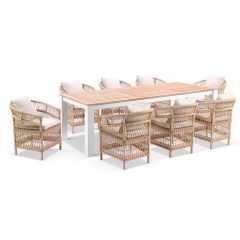 "Newport" Hamptons Style Outdoor 2.5m Aluminium and Teak Top Dining Setting with 8 Malawi Chairs in White