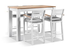 "Newport" Hamptons Style Outdoor 1.5m Aluminium and Teak Top Bar Table with 4 Avalon Bar Stools in White