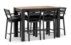 "Newport" Hamptons Style Outdoor 1.5m Aluminium and Teak Top Bar Table with 6 Avalon Bar Stools in Charcoal