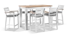 "Newport" Hamptons Style Outdoor 1.5m Aluminium and Teak Top Bar Table with 6 Avalon Bar Stools in White