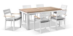 "Newport" Hamptons Style Outdoor 1.8m Aluminium and Teak Top Dining Setting with 6 Avalon Chairs in White