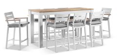 "Newport" Hamptons Style Outdoor 2m Aluminium and Teak Top Bar Table with 8 Avalon Bar Stools in White