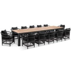 "Newport" Hamptons Style Outdoor 3.55m Aluminium and Teak Top Dining Setting with 12 Malawi Chairs in Charcoal