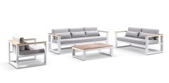 "Newport" Hamptons Style Outdoor Aluminium 3, 2 & 1 Seater Lounge Setting with Coffee Table in White with Olefin Grey Cushions