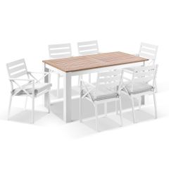 "Newport" Hamptons Style Outdoor Aluminium 1.8m Teak Top Dining Setting including 6 Chairs with Olefin Grey Cushions