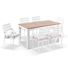 "Newport" Hamptons Style Outdoor Aluminium 1.8m Teak Top Dining Setting including 6 Chairs with Sunbrella Cushions