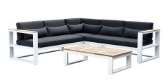 "Newport" Hamptons Style Outdoor Aluminium and Teak Lounge Setting with Coffee Table in White with Denim Grey Cushions