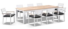 "Newport" Hamptons Style Outdoor 2.5m Aluminium and Teak Top Dining Setting with 8 Avalon Chairs in White