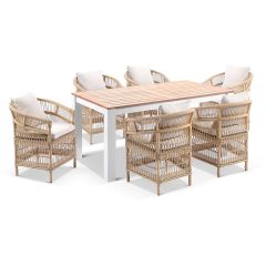 "Newport" Hamptons Style Outdoor 1.8m Aluminium and Teak Top Dining Setting with 6 Malawi Chairs in White