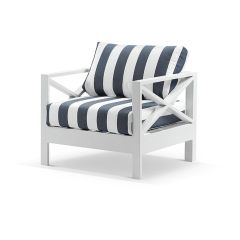 "Montego Bay" Hamptons Style Outdoor Aluminium 1 Seater Armchair, White with Olefin Navy & White Stripe Cushions (RRP $1199)