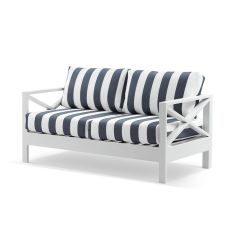 "Montego Bay" Hamptons Style Outdoor Aluminium 2 Seater Lounge, White with Navy & White Stripe Cushions