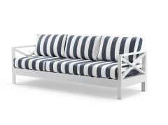 "Montego Bay" Hamptons Style Outdoor Aluminium 3 Seater Lounge, White with Navy & White Stripe Cushions