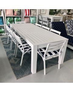 "Hawaii" Hamptons Style Aluminium 2.5m Dining Table with 8 Montego Bay Chairs, White with Navy & White Stripe Cushions (RRP $4499)