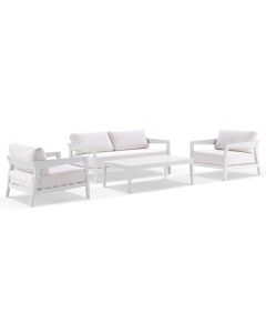 Clontarf 2+1+1 Outdoor Aluminium Lounge Setting & Coffee Table, White with Sunbrella White Cushions