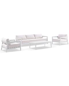 Clontarf 3+1+1 Outdoor Aluminium Lounge Setting with Coffee Table, White with Sunbrella White Cushions