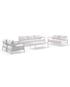 Clontarf 3+2+1+1 Outdoor Aluminium Lounge Setting with Coffee Table, White with Sunbrella White Cushions