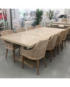 "Whitsunday" Hamptons Style Parquetry Hardwood Timber 240x110cm Dining Package, Beachwhite Finish (RRP $5999)